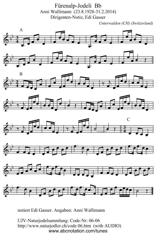 Fürenalp-Jodeli  Bb - staff notation