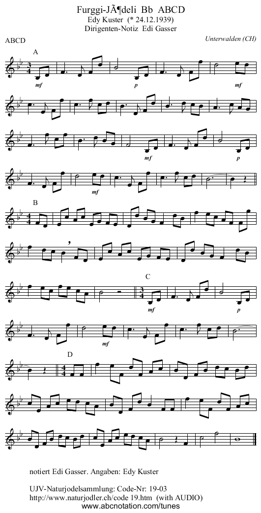Furggi-Jödeli Bb ABCD - staff notation