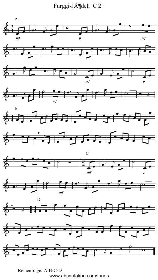 Furggi-JÃ¶deli  C 2+ - staff notation