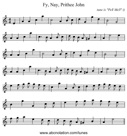 Fy, Nay, Prithee John - staff notation
