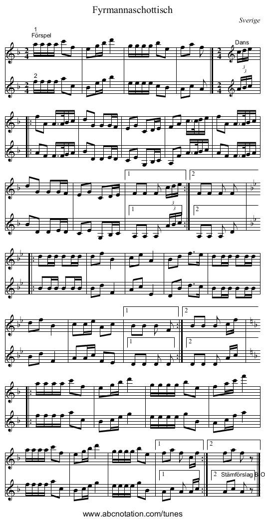 Fyrmannaschottisch - staff notation