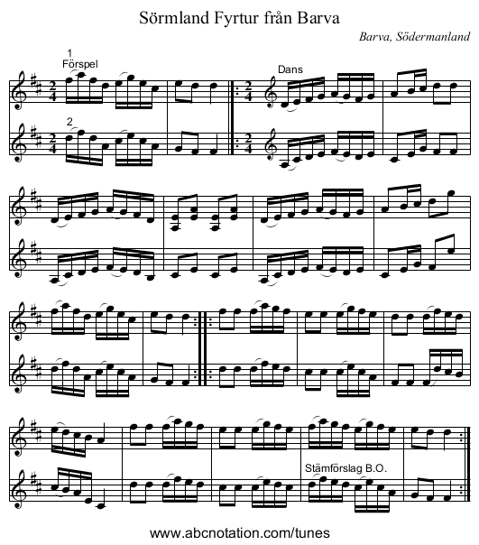 Fyrtur från Barva, Sörmland - staff notation