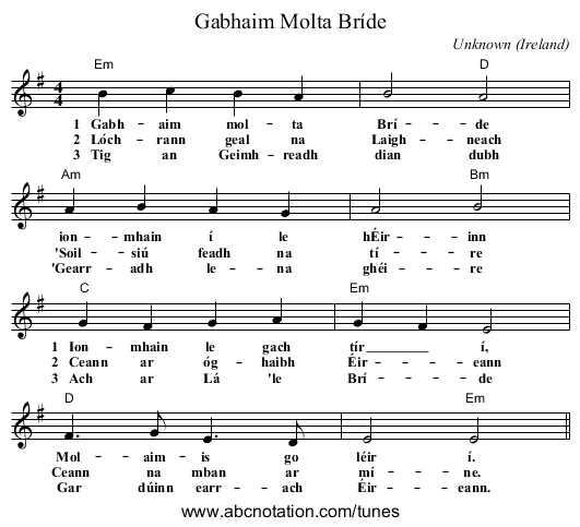 Gabhaim Molta Bríde - staff notation