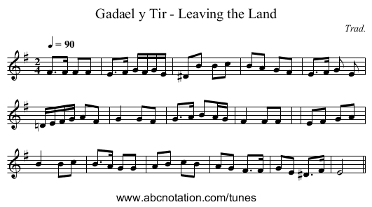 Gadael y Tir - Leaving the Land - staff notation