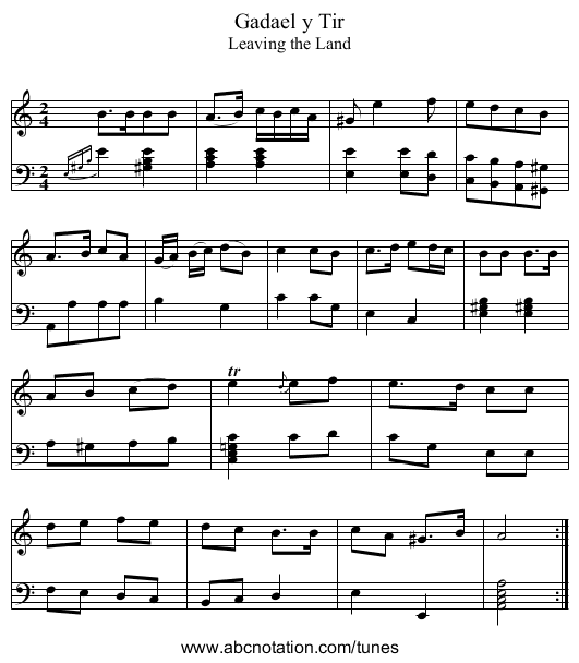 Gadael y Tir - staff notation