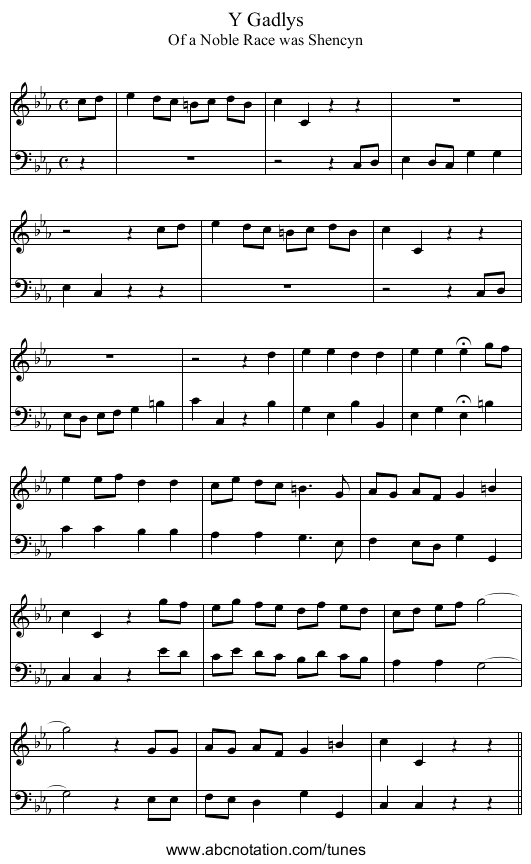 Gadlys, Y - staff notation