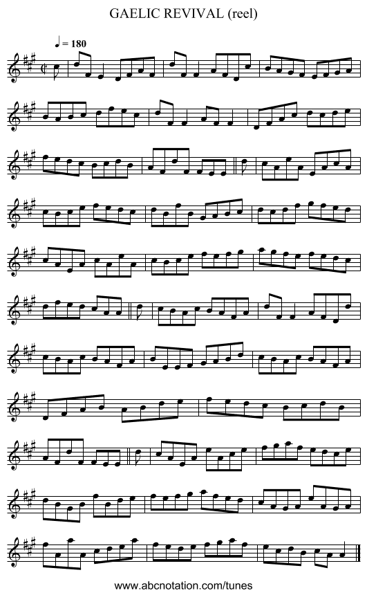GAELIC REVIVAL (reel) - staff notation