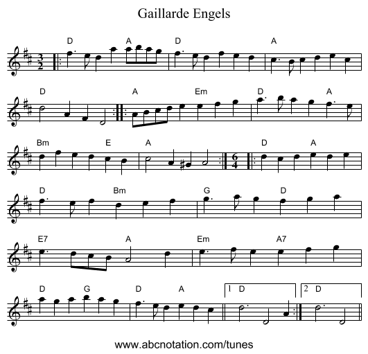Gaillarde Engels - staff notation