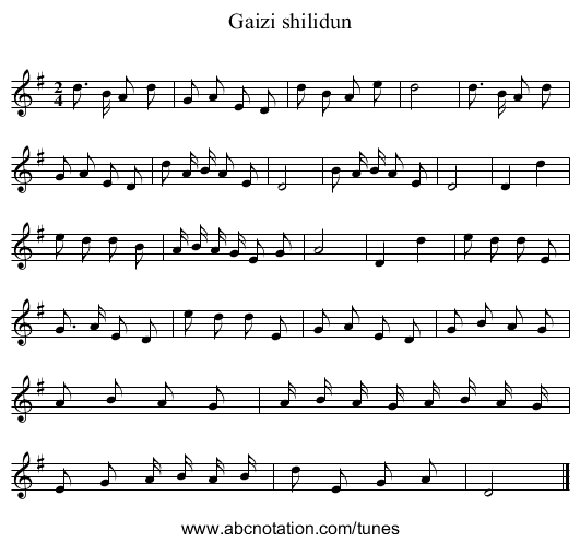 Gaizi shilidun - staff notation