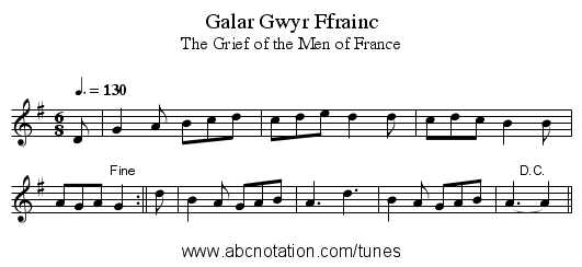 Galar Gwyr Ffrainc - staff notation