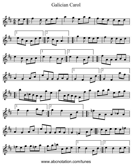 Galician Carol - staff notation