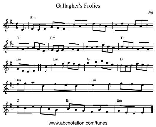 Gallagher's Frolics - staff notation