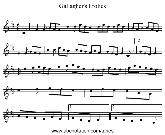 Gallagher's Frolics - staff notation