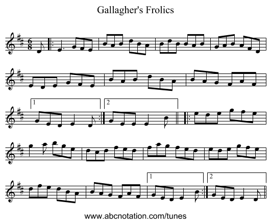 Gallagher's Frolics - staff notation