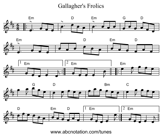 Gallagher's Frolics - staff notation