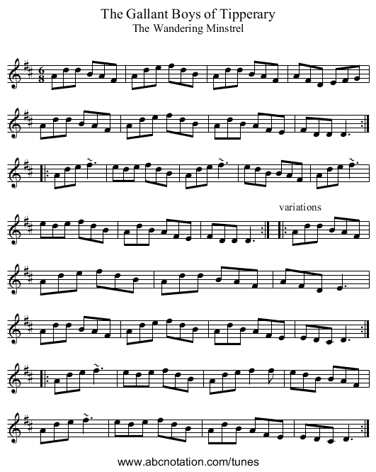 Gallant Boys of Tipperary, The - staff notation