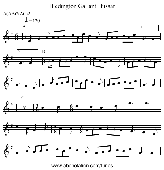 Gallant Hussar, Bledington - staff notation