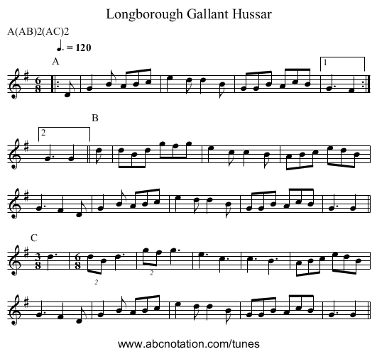 Gallant Hussar, Longborough - staff notation