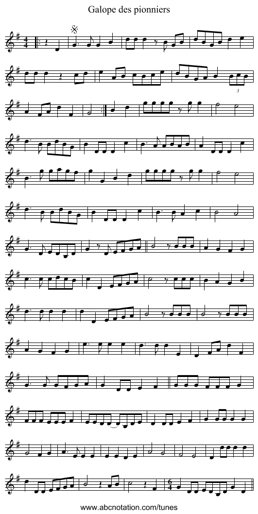 Galope des pionniers - staff notation