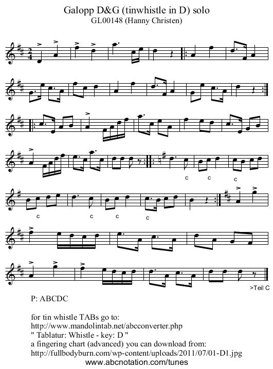 Galopp D&G (tinwhistle in D) solo - staff notation
