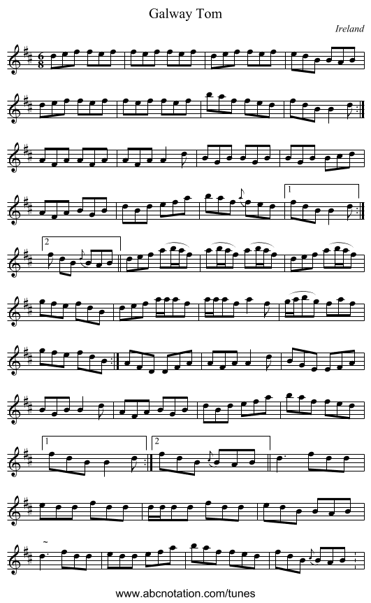 Galway Tom - staff notation