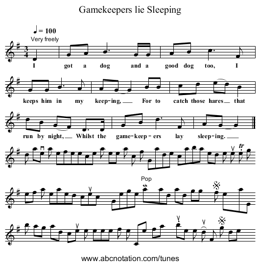 Gamekeepers lie Sleeping - staff notation