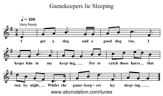 Gamekeepers lie Sleeping - staff notation