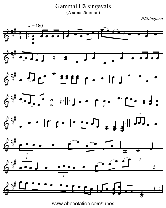 Gammal Hälsingevals - staff notation