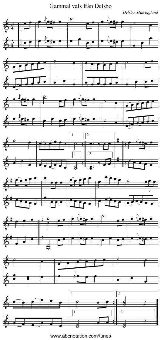 Gammal vals från Delsbo - staff notation