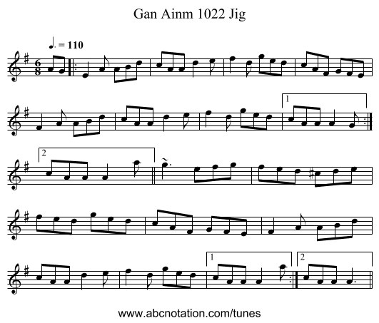 Gan Ainm 1022 Jig - staff notation