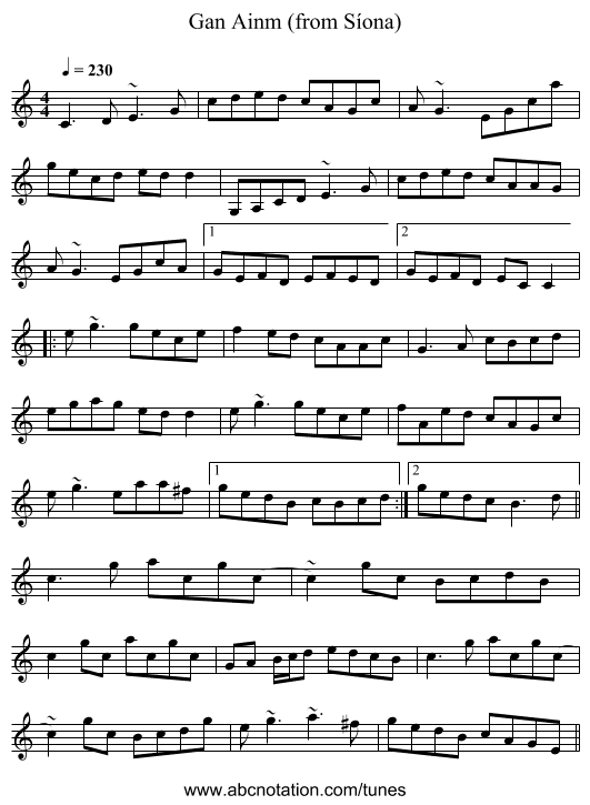 Gan Ainm (from Síona) - staff notation