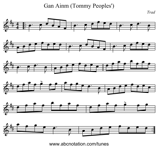 Gan Ainm (Tommy Peoples') - staff notation