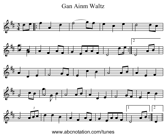 Gan Ainm Waltz - staff notation