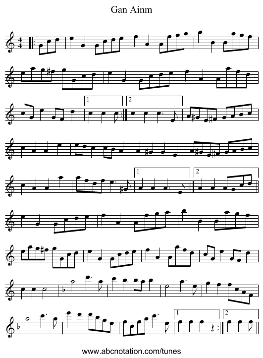 Gan Ainm - staff notation