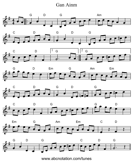 Gan Ainm - staff notation