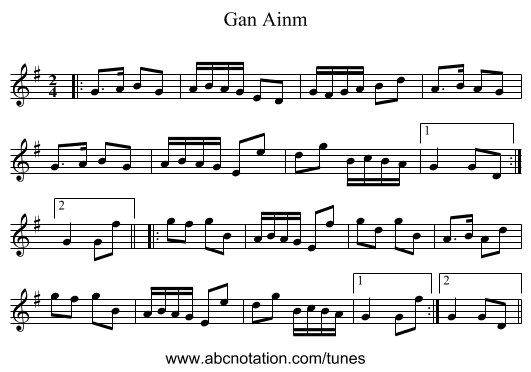 Gan Ainm - staff notation
