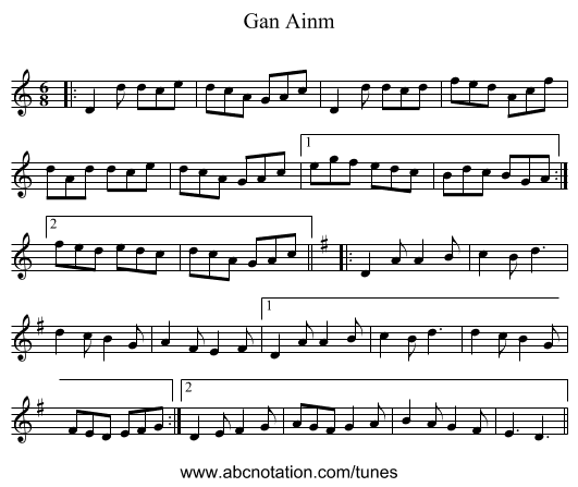 Gan Ainm - staff notation