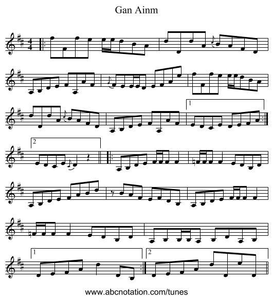 Gan Ainm - staff notation