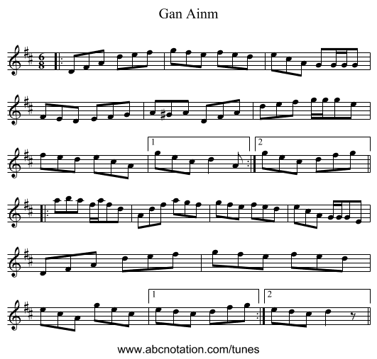 Gan Ainm - staff notation