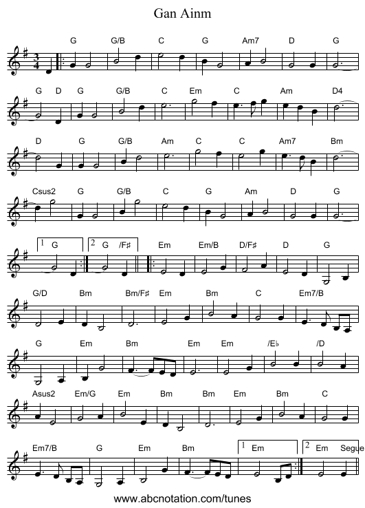 Gan Ainm - staff notation