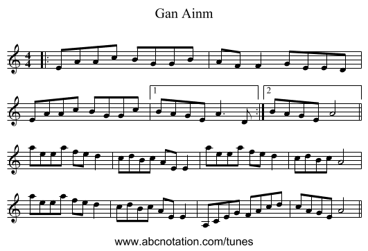 Gan Ainm - staff notation