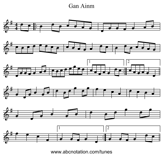 Gan Ainm - staff notation