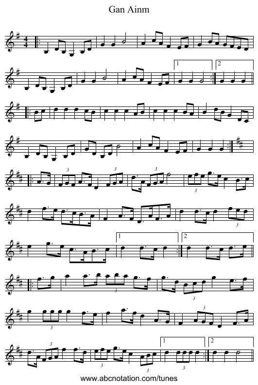 Gan Ainm - staff notation