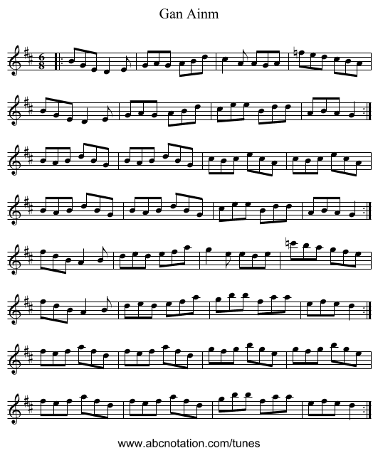 Gan Ainm - staff notation