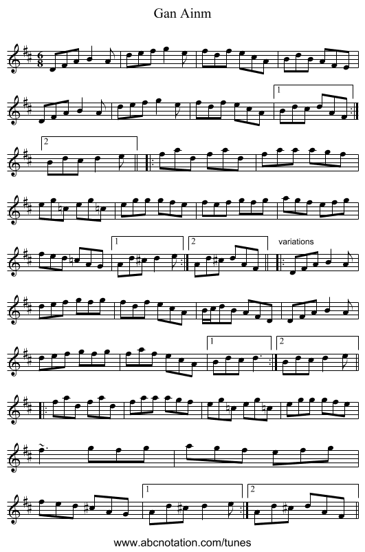 Gan Ainm - staff notation