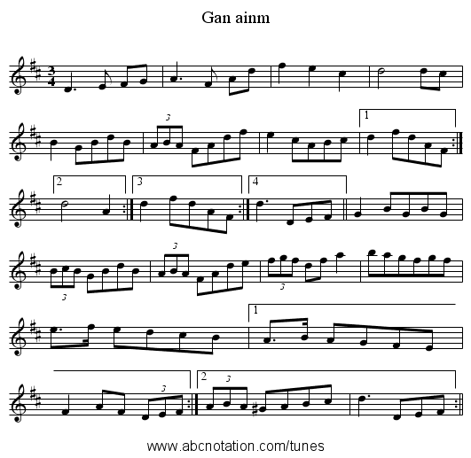 Gan ainm - staff notation