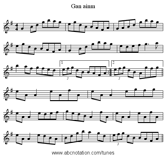 Gan ainm - staff notation