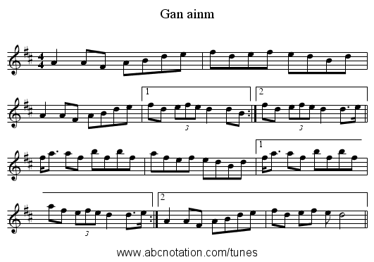 Gan ainm - staff notation