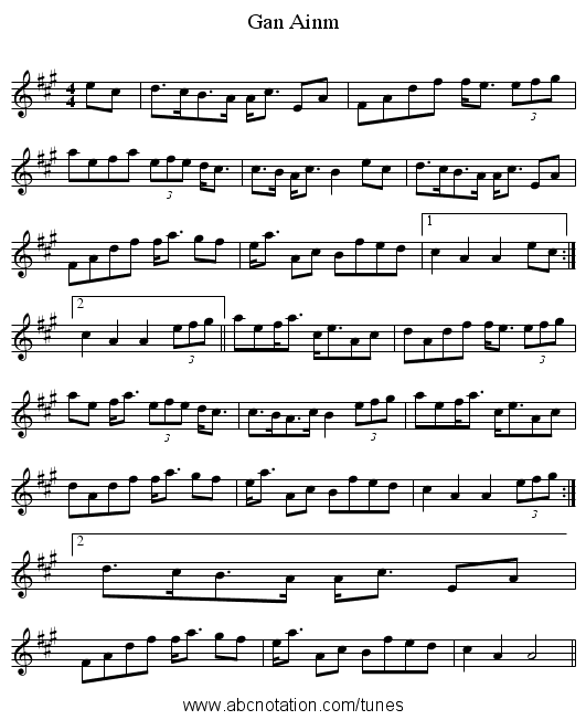 Gan Ainm - staff notation