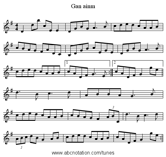 Gan ainm - staff notation